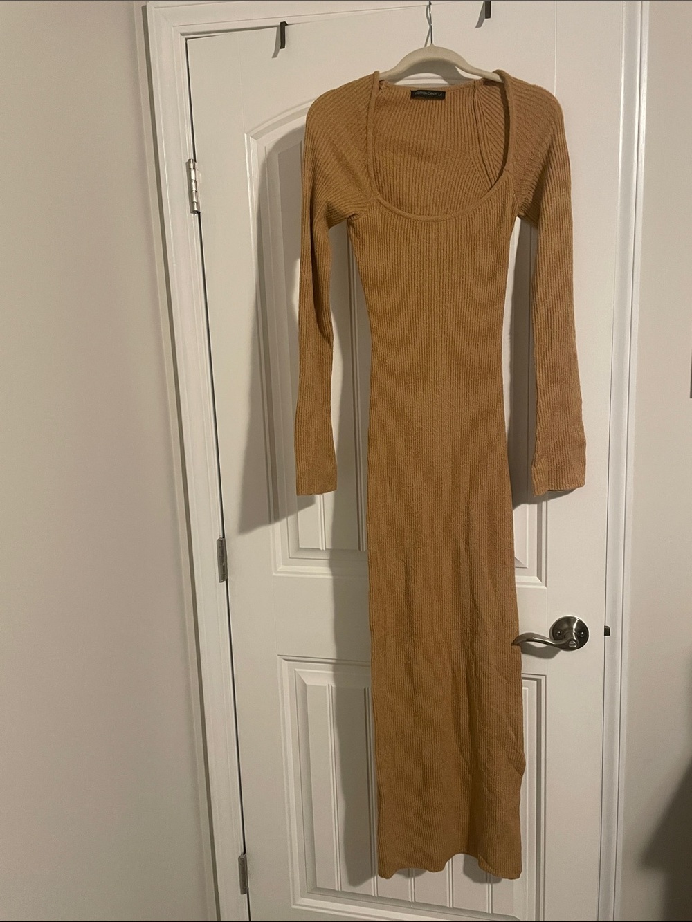 Cotton Candy Ribbed Scoop Neck Long Sleeve Maxi Dress - Camel